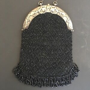 Antique 1920s Micro Beaded Flapper Purse Fringe Evening Bag Metal Frame